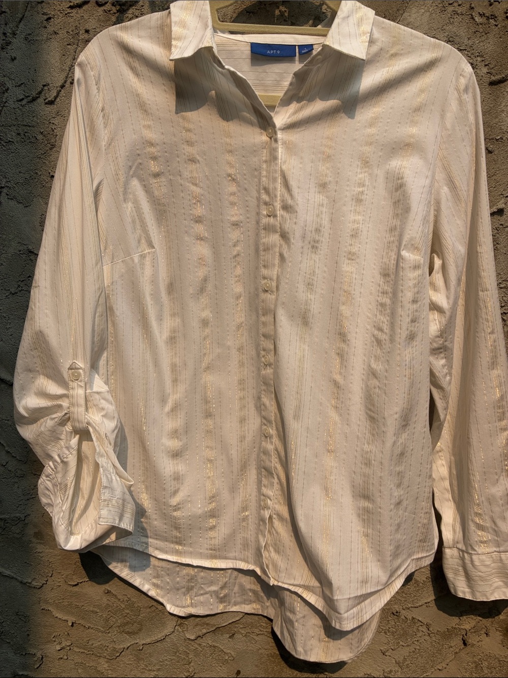 Apt. 9 Cream Striped Metallic Gold Button-Down Shirt Sz L